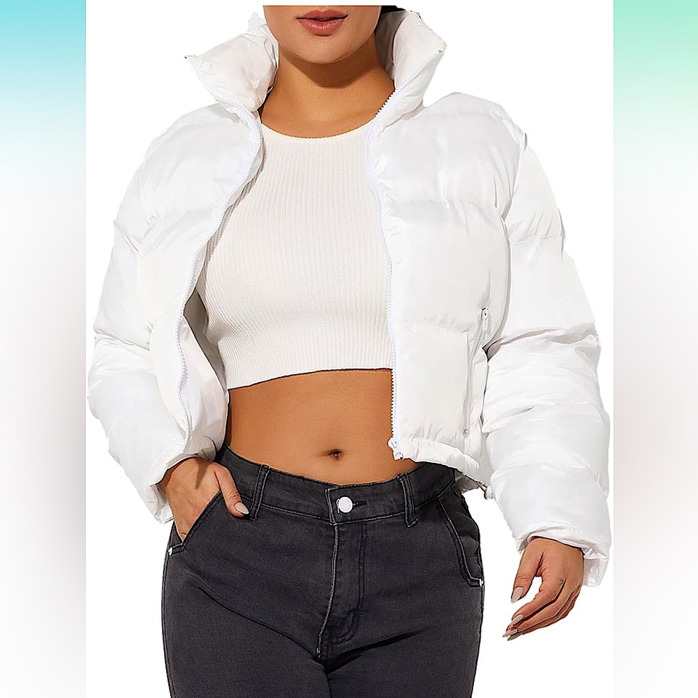 Hujoin White Waist Length Cropped Puffer Jacket (Size XS) WORN A FEW TIMES🤍🤍